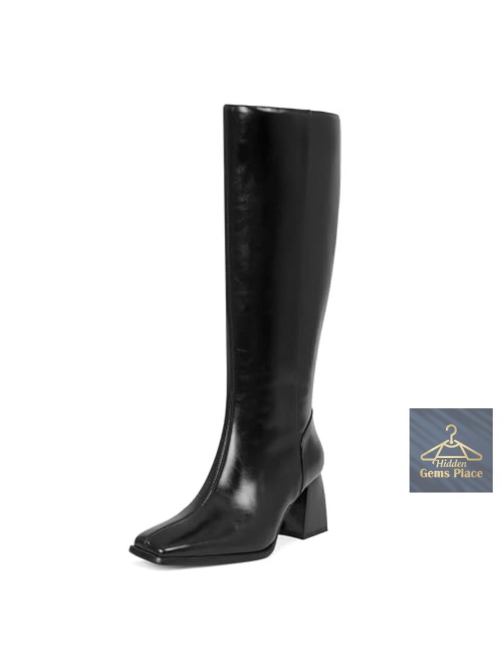 Wide Calf Knee High Boots Women Tall Block Heel Square Toe Faux Leather